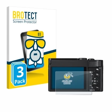 Parte frontal de un envase de producto con el logotipo de la marca BROTECT. Al lado se muestra el dispositivo Panasonic Lumix 