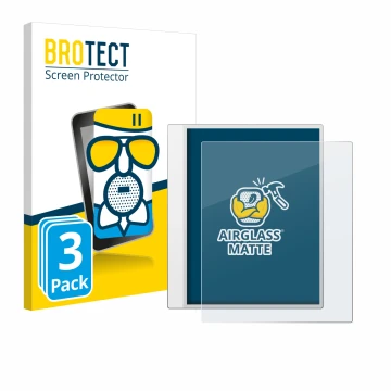 Parte frontal de un envase de producto con el logotipo de la marca BROTECT. Al lado se muestra el dispositivo Boox Note Max co