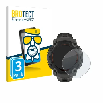 Parte frontal de un envase de producto con el logotipo de la marca BROTECT. Al lado se muestra el dispositivo Garmin Instinct 