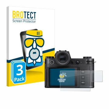 Parte frontal de un envase de producto con el logotipo de la marca BROTECT. Al lado se muestra el dispositivo Leica SL3-S (Pan