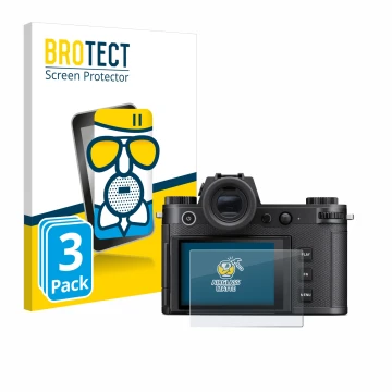 Parte frontal de un envase de producto con el logotipo de la marca BROTECT. Al lado se muestra el dispositivo Leica SL3-S con 