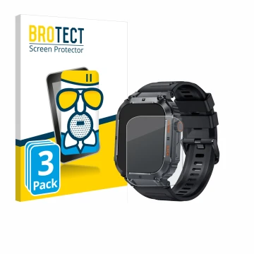 Parte frontal de un envase de producto con el logotipo de la marca BROTECT. Al lado se muestra el dispositivo bedee Smartwatch