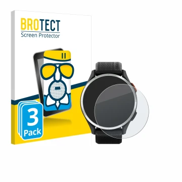Parte frontal de un envase de producto con el logotipo de la marca BROTECT. Al lado se muestra el dispositivo Garmin Approach 
