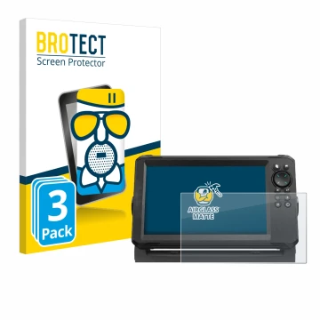 Parte frontal de un envase de producto con el logotipo de la marca BROTECT. Al lado se muestra el dispositivo Lowrance Eagle 9