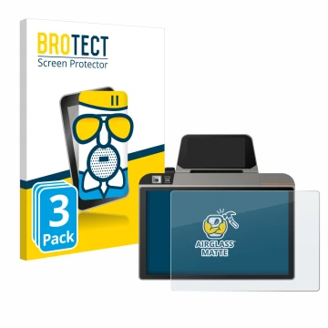 Parte frontal de un envase de producto con el logotipo de la marca BROTECT. Al lado se muestra el dispositivo Sunmi D3 Mini co