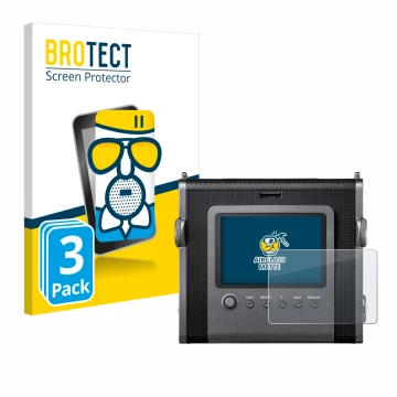 Parte frontal de un envase de producto con el logotipo de la marca BROTECT. Al lado se muestra el dispositivo Fujifilm Instax 