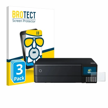 Parte frontal de un envase de producto con el logotipo de la marca BROTECT. Al lado se muestra el dispositivo Epson EcoTank ET