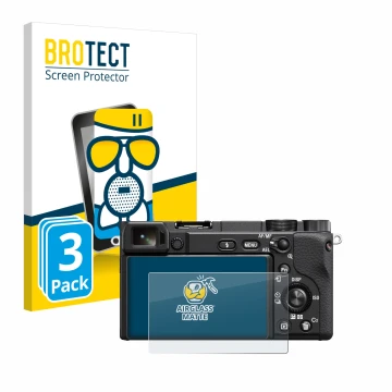 Parte frontal de un envase de producto con el logotipo de la marca BROTECT. Al lado se muestra el dispositivo Sony Alpha 6100A