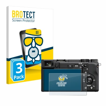 Parte frontal de un envase de producto con el logotipo de la marca BROTECT. Al lado se muestra el dispositivo Sony Alpha 6400A