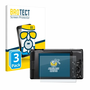 Parte frontal de un envase de producto con el logotipo de la marca BROTECT. Al lado se muestra el dispositivo Sony ZV-1A con s