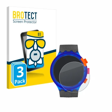 Parte frontal de un envase de producto con el logotipo de la marca BROTECT. Al lado se muestra el dispositivo Swatch Neon Part