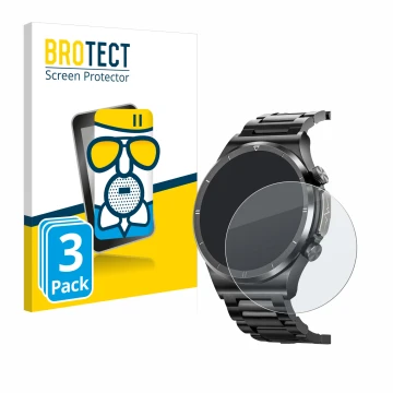 Parte frontal de un envase de producto con el logotipo de la marca BROTECT. Al lado se muestra el dispositivo Banlvs Smartwatc