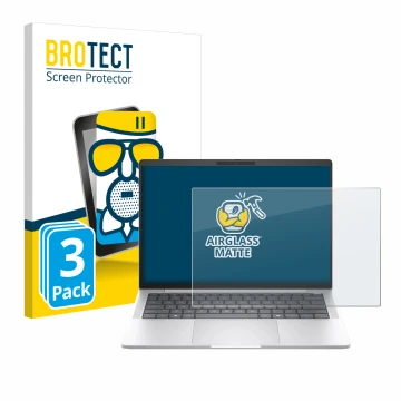Parte frontal de un envase de producto con el logotipo de la marca BROTECT. Al lado se muestra el dispositivo HP EliteBook 104