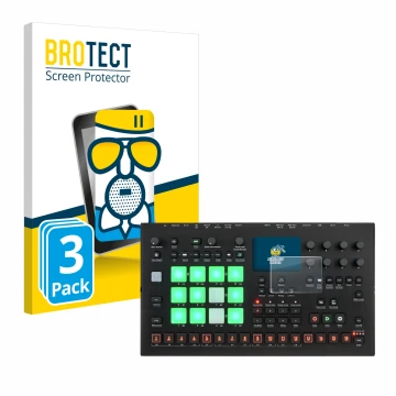 Parte frontal de un envase de producto con el logotipo de la marca BROTECT. Al lado se muestra el dispositivo Elektron Analog 