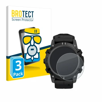 Parte frontal de un envase de producto con el logotipo de la marca BROTECT. Al lado se muestra el dispositivo Garmin Descent G