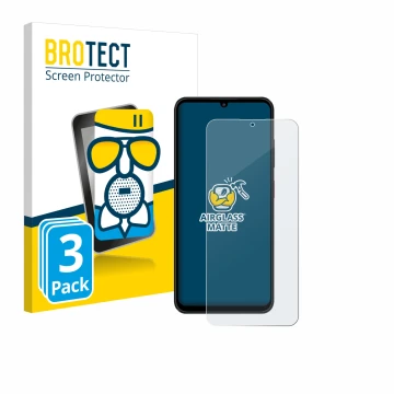 Parte frontal de un envase de producto con el logotipo de la marca BROTECT. Al lado se muestra el dispositivo ZTE Blade A55 co