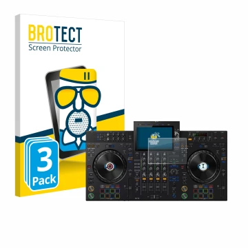 Parte frontal de un envase de producto con el logotipo de la marca BROTECT. Al lado se muestra el dispositivo Pioneer XDJ-AZ c