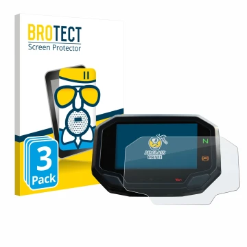 Parte frontal de un envase de producto con el logotipo de la marca BROTECT. Al lado se muestra el dispositivo Kawasaki Versys 