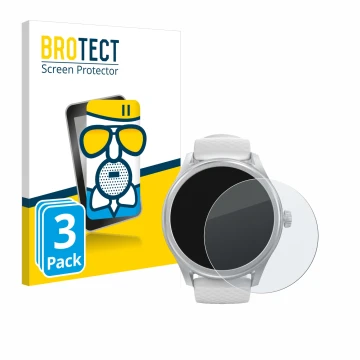 Parte frontal de un envase de producto con el logotipo de la marca BROTECT. Al lado se muestra el dispositivo Hama Smartwatch 