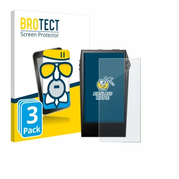 Parte frontal de un envase de producto con el logotipo de la marca BROTECT. Al lado se muestra el dispositivo Astell&Kern SP30