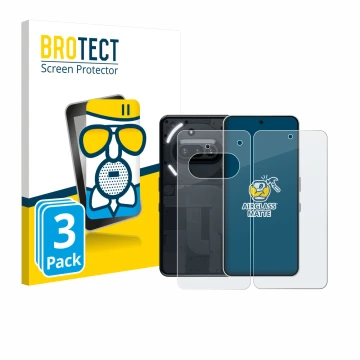 Parte frontal de un envase de producto con el logotipo de la marca BROTECT. Al lado se muestra el dispositivo Nothing Phone (3