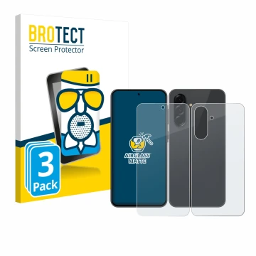 Parte frontal de un envase de producto con el logotipo de la marca BROTECT. Al lado se muestra el dispositivo Samsung Galaxy A