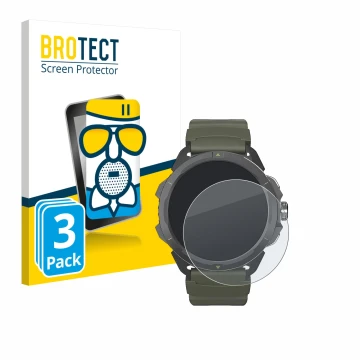 Parte frontal de un envase de producto con el logotipo de la marca BROTECT. Al lado se muestra el dispositivo Hammer Watch 2 M