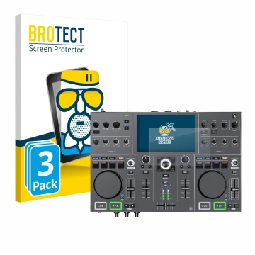 Parte frontal de un envase de producto con el logotipo de la marca BROTECT. Al lado se muestra el dispositivo Denon DJ Prime G