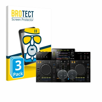 Parte frontal de un envase de producto con el logotipo de la marca BROTECT. Al lado se muestra el dispositivo Pioneer XDJ -RR 