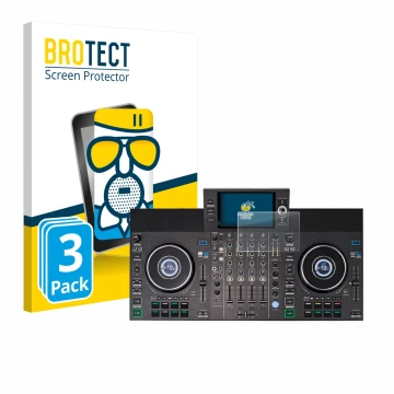 Parte frontal de un envase de producto con el logotipo de la marca BROTECT. Al lado se muestra el dispositivo Denon DJ SC LIVE