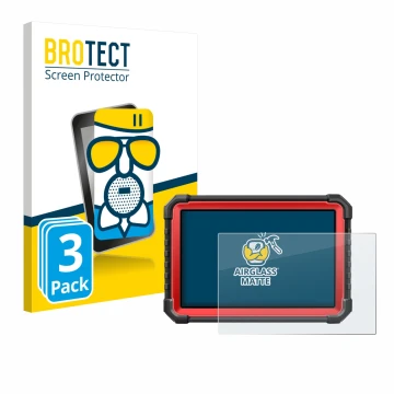 Parte frontal de un envase de producto con el logotipo de la marca BROTECT. Al lado se muestra el dispositivo Launch X-431 PRO