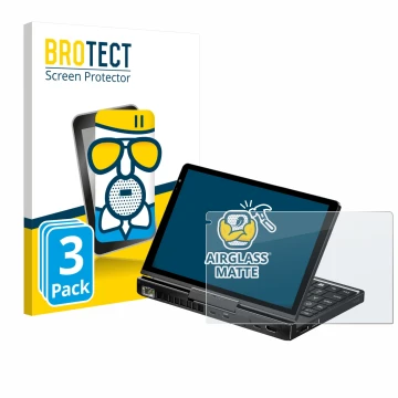 Parte frontal de un envase de producto con el logotipo de la marca BROTECT. Al lado se muestra el dispositivo GPD Pocket 4 con