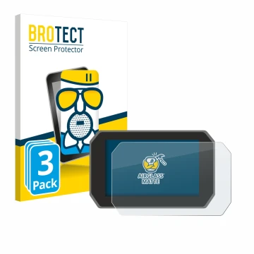 Parte frontal de un envase de producto con el logotipo de la marca BROTECT. Al lado se muestra el dispositivo Yamaha Tracer 9 