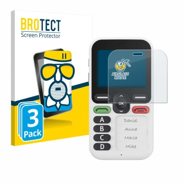 Parte frontal de un envase de producto con el logotipo de la marca BROTECT. Al lado se muestra el dispositivo Doro Leva X10 co