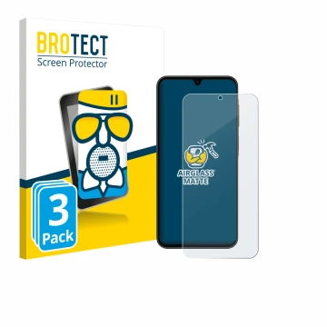 Parte frontal de un envase de producto con el logotipo de la marca BROTECT. Al lado se muestra el dispositivo Samsung Galaxy A