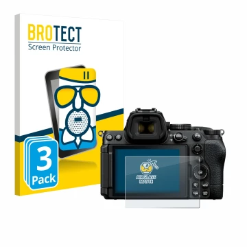 Parte frontal de un envase de producto con el logotipo de la marca BROTECT. Al lado se muestra el dispositivo Nikon Z5 II con 