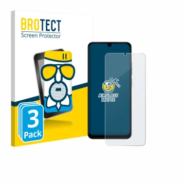 Parte frontal de un envase de producto con el logotipo de la marca BROTECT. Al lado se muestra el dispositivo Xiaomi Redmi A5 