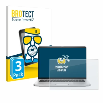 Parte frontal de un envase de producto con el logotipo de la marca BROTECT. Al lado se muestra el dispositivo Dell Pro 14 Plus