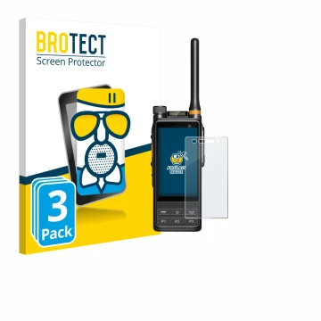 Parte frontal de un envase de producto con el logotipo de la marca BROTECT. Al lado se muestra el dispositivo Hytera PDC680 co