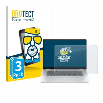 Parte frontal de un envase de producto con el logotipo de la marca BROTECT. Al lado se muestra el dispositivo HP OmniBook X Fl