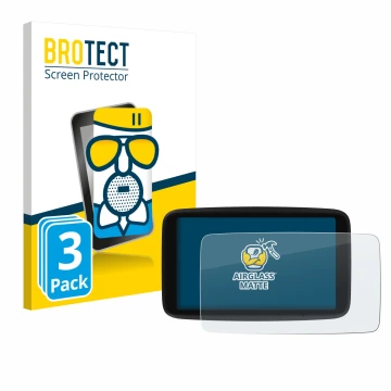 Parte frontal de un envase de producto con el logotipo de la marca BROTECT. Al lado se muestra el dispositivo TomTom Go Naviga