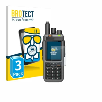 Parte frontal de un envase de producto con el logotipo de la marca BROTECT. Al lado se muestra el dispositivo Radtel RT-880 co
