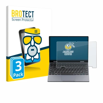 Parte frontal de un envase de producto con el logotipo de la marca BROTECT. Al lado se muestra el dispositivo Chuwi MiniBook X