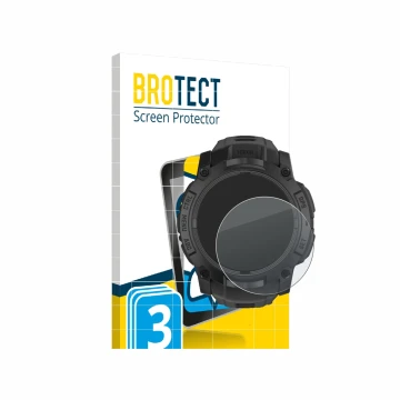 Parte frontal de un envase de producto con el logotipo de la marca BROTECT. Al lado se muestra el dispositivo Garmin Instinct 