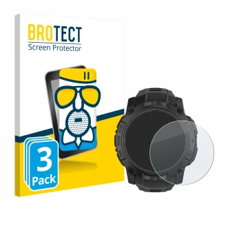 Parte frontal de un envase de producto con el logotipo de la marca BROTECT. Al lado se muestra el dispositivo Garmin Instinct 