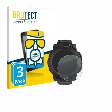 Parte frontal de un envase de producto con el logotipo de la marca BROTECT. Al lado se muestra el dispositivo Garmin Instinct 