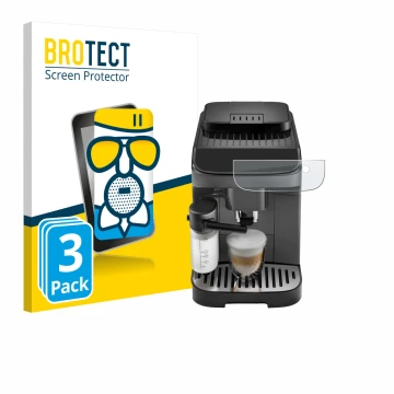 Parte frontal de un envase de producto con el logotipo de la marca BROTECT. Al lado se muestra el dispositivo DeLonghi Magnifi