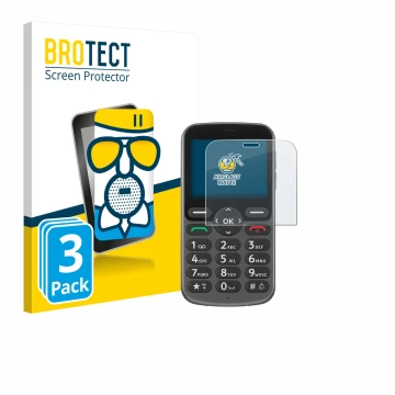 Parte frontal de un envase de producto con el logotipo de la marca BROTECT. Al lado se muestra el dispositivo Doro 1380 con su