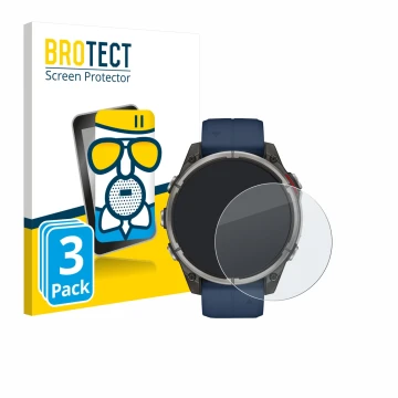 Parte frontal de un envase de producto con el logotipo de la marca BROTECT. Al lado se muestra el dispositivo Garmin quatix 8 
