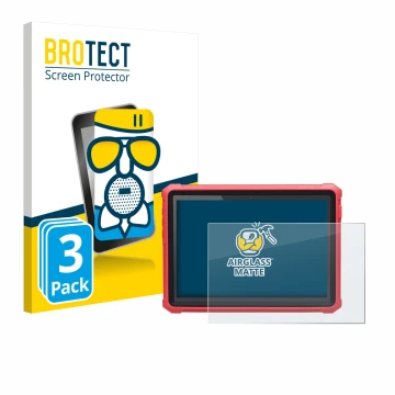 Parte frontal de un envase de producto con el logotipo de la marca BROTECT. Al lado se muestra el dispositivo Launch X-431 Pro